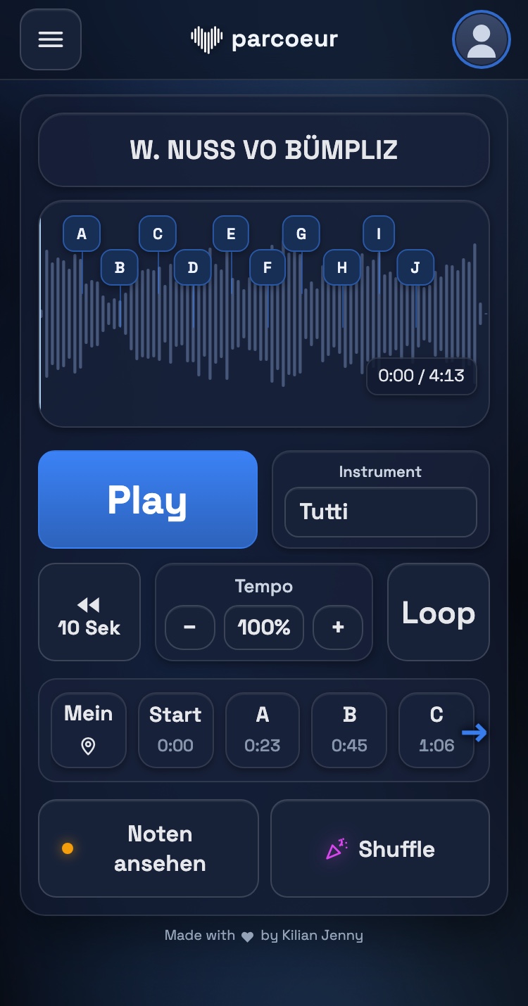 parcoeur Player auf dem Smartphone: Stück mit Wellenform, Markern und Tempo.